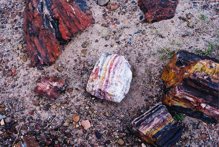 [The center rock is mostly white with red, orange, and blue stripes running from top to bottom. A distance away from the center rock are other rock chunks which are either red or brown based with colored stripes in them. The ground around is devoid of greenery.]